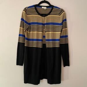 Akris Punto Black Tan Blue Striped Long Cardigan Sweater 100% Wool Women size 6